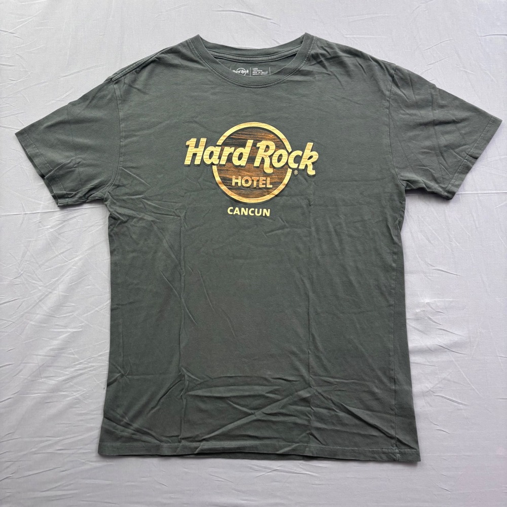Hard Rock Hotel Cancun T-Shirt Mens L Gray Wood Grain Logo Graphic Tee Cotton